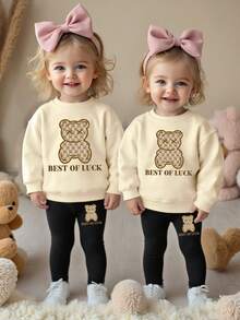 SHEIN Playful Pals 2 件套女婴休闲熊印花运动衫和紧身裤套装，秋季服装 - 彩色 - 查看 1