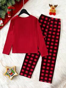 两件套男童圣诞主题套装 - 驯鹿太阳镜印花长袖上衣和格子宽松针织裤休闲家居服套装 - 紅色 - 查看 2