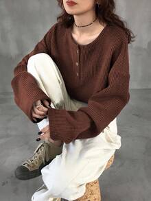 FRIFUL 女士休闲纯色落肩长袖T恤，秋季款 - 棕色 - 查看 4