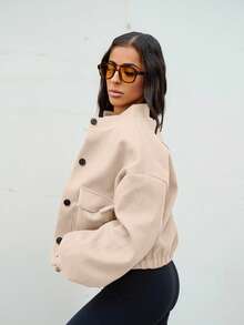 SAYEHFBABY Solid Color Stand Collar Pocket Short Jacket For Women,Fall Clothes - Apricot - View 6