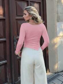 Jeta Ari Hanging Collar Solid Color Knitted T-Shirt With Adjustable Waist And Uneven Hem Fall Cloth For Women - Pink - View 2