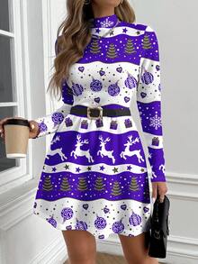 Glamance Polina Brazil Christmas Striped Navy Blue New Year's Eve Party Dress, Casual Minimalist Women's Dress Suitable For Autumn/Winter, Reindeer Women Long Sleeve Dress Printed Dress Purple And White Dress Elegant Dress Reindeer Print Dress Christmas Print Dress - Multicolor - View 4