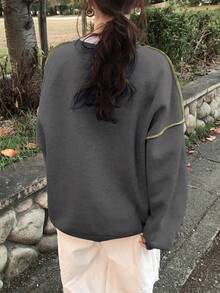FRIFUL Women's Casual Colorblock Line Pattern Sweater, Autumn/Winter - Dark Grey - View 5