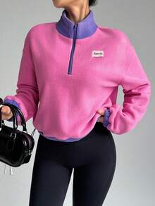 Dewbera 女士字母图案落肩长袖撞色拉链半门襟运动卫衣 - 玫紅色 - 查看 3