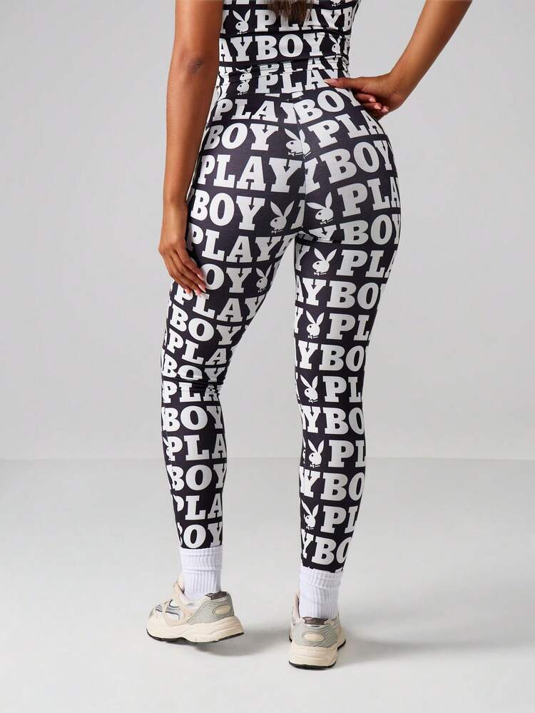 Missguided x Playboy 캐주얼한 일상복을 위한 전체 프린트 패턴의 하이 라이즈 레깅스