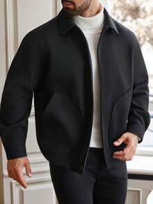 Manfinity Homme Plus Size Men's Long Sleeve Casual Solid Color Simple Button Overcoat, Autumn - Black - View 5