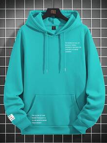 Manfinity Homme 男士标语印花袋鼠口袋落肩连帽衫，秋季款，长袖上衣 - 薄荷藍 - 查看 3