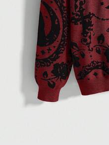 ROMWE Gothic Palace Cat Moon Chain Mysterious Black Cat Full Print Dark Pullover Sweater, Suitable For Halloween - Burgundy - View 4