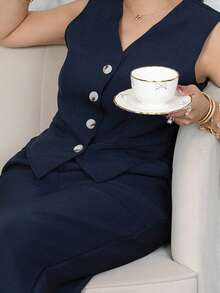 Melissa Matos 女士秋冬休闲通勤背心裤套装 - 藏蓝色 - 查看 4