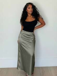 Alexandranx Women Solid Color High Waist Fishtail Hem Skirt Maxi Women Outfit - Green - View 4