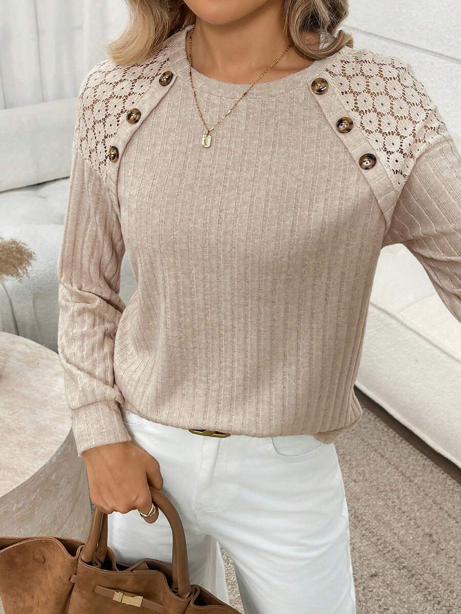 SHEIN LUNE Apricot Lace Patchwork Textured Women Long Sleeve T-Shirt - Apricot - View 1