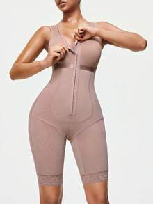 SHAPORA 1pc Women's Solid Color Front Button Closure Bodysuit, Fashionable Sleeveless Shapewear - Dusty Pink - View 6