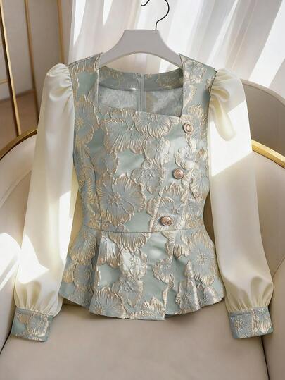 GlowEve 女士优雅简约提花长袖翻领修身衬衫，秋冬款