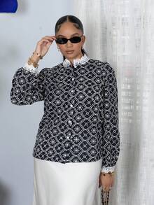 Melissa Matos 法式刺绣拼布蕾丝边长袖衬衫，时尚优雅的女式上衣