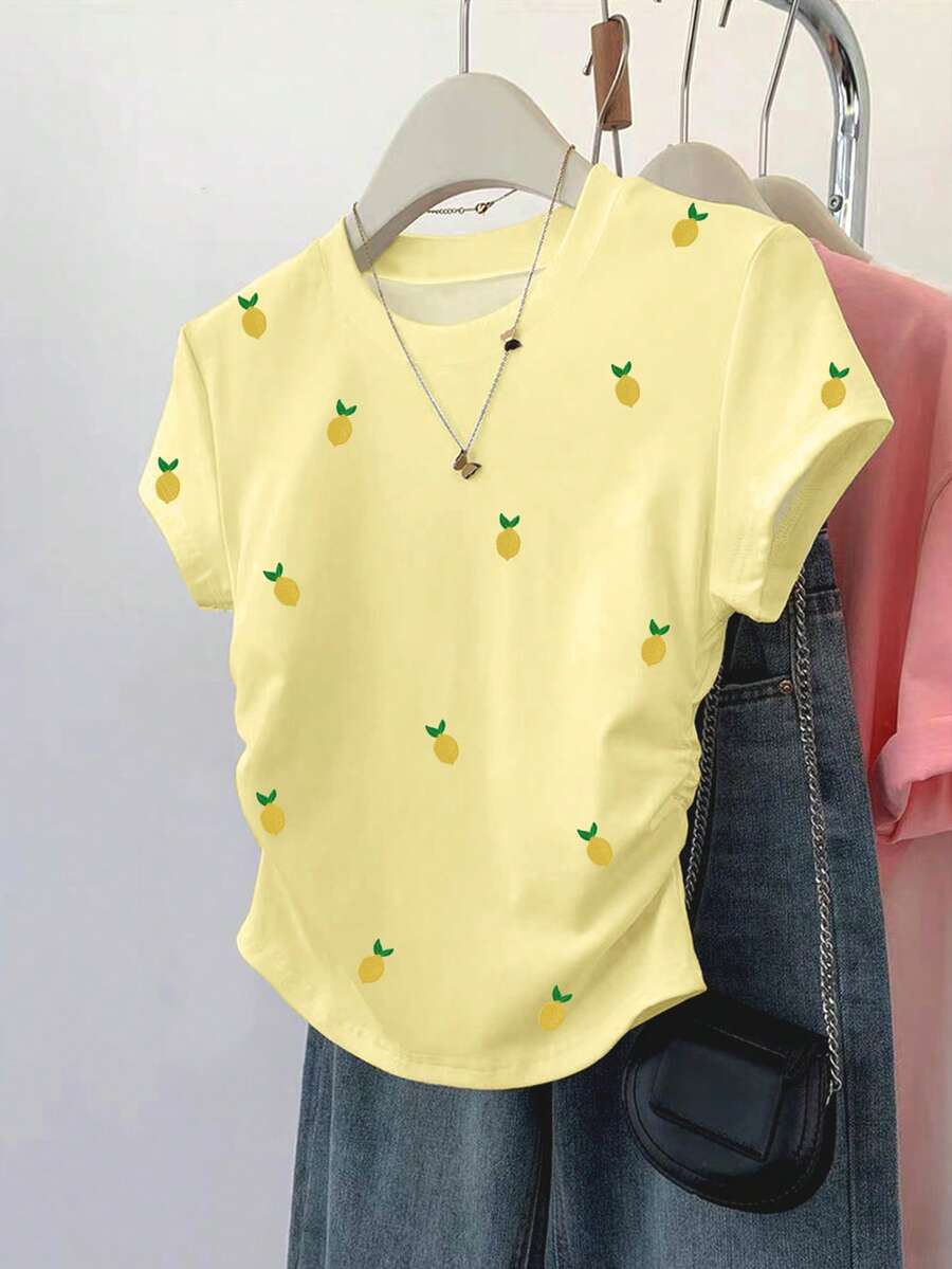 SHEIN 夏季新品,休闲百搭甜美柠檬水果印花露脐上衣,女士修身T恤,舒适设计,适合日常穿着、户外活动和购物。 - 黃色 - 查看 1
