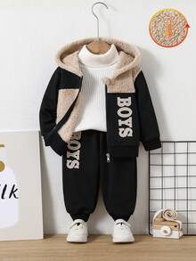SHEIN Baby Boy Letter Applique Fleece Sweatshirt Track Suit,Black And White,Autumn,Casual,Date Comfortable Fabric Autumn/Winter Outdoor Streetwear Outfit - Multicolor - View 3