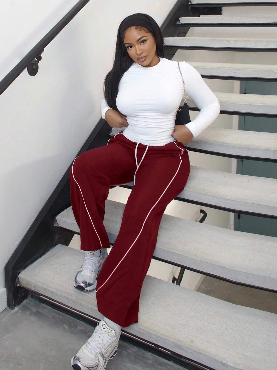 Alexandranx Casual Colorblock Drawstring Waist Wide Leg Pants Fall Cloth For Women - Burgundy - View 1