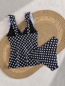 Swim Lushoire 2pcs Polka Dot Print Ruffle Trim Women Camisole & Bikini Set - Black and White - View 7