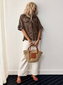 EMERY ROSE Plus Size Casual Washed Denim Jacket With Ruffle Hem - Coffee Brown - View 1