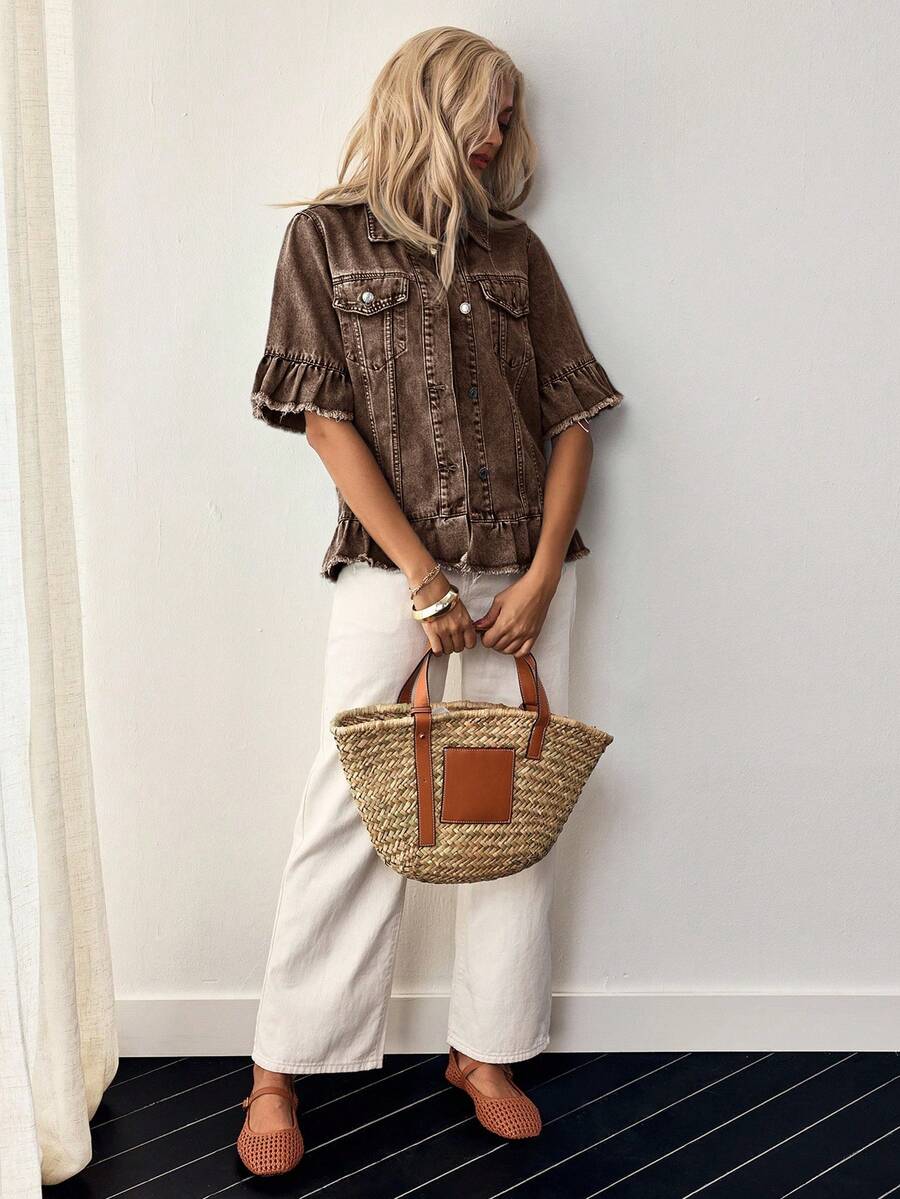 EMERY ROSE Plus Size Casual Washed Denim Jacket With Ruffle Hem - Coffee Brown - View 1