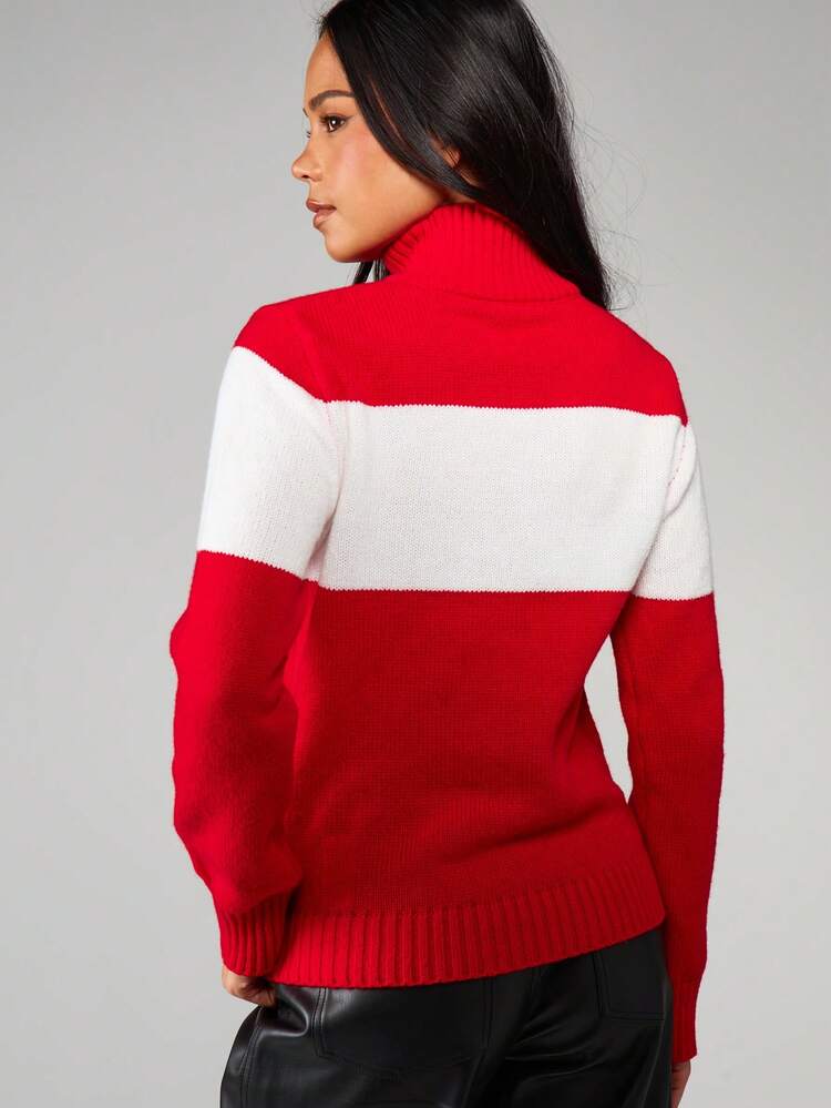 MISSGUIDED MSGD Logo Turtleneck Color Block Knit Sweater With Ribbed Cuffs Winter Pullover Jumper