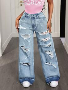 BamGleam جينز كاجوال فضفاض مع جيوب ممزق للنساء - أزرق داكن - مشاهدة 7