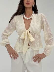 Aloruh Women's Autumn/Winter Sweet Ruffle Flare Sleeve Deep V Neck Embroidered Fitted Tie-Front Blouse - Beige - View 3