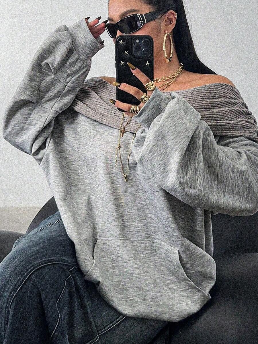 POPSWAY Damen Oversized Sweatshirt mit Off-Shoulder, Patchwork, Rippstrick, lässig und bequem in Große Größen - Grau - Übersicht 1