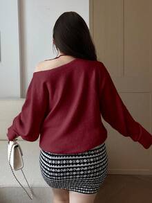 Dazy Plus 大码女式纯色斜肩露肩宽松针织套头毛衣，秋冬款