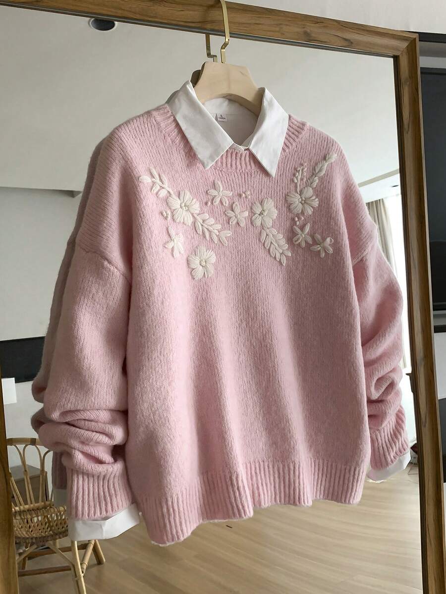 SHEIN Franclia Áo len dài tay cổ tròn thêu họa tiết cổ điển dành cho nữ - Hồng - Xem 1