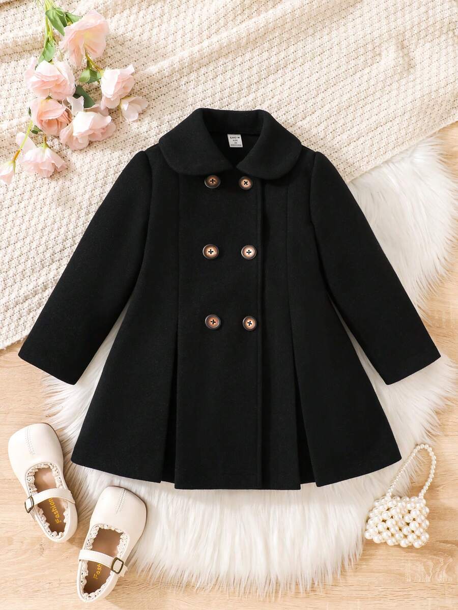 SHEIN Young Girls' Black Double-Breasted Peter Pan Collar Woolen Coat On