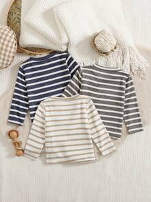 SHEIN 3pcs Baju Bayi Laki-laki Kasual Bergaris Leher Bulat dengan Hiasan Saku Lengan Panjang, Nyaman untuk Musim Gugur/Musim Dingin - MultiWarna - View 3