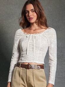 WESTFADE Floral Jacquard Knit Scoop Neck Bow Tie Front Shirred Fitted Long Sleeve Top Fall, Autumn, Winter, Casual, Boho, Holiday, Thanksgiving, New Year, Christmas, Western Wear - Multicolor - View 1