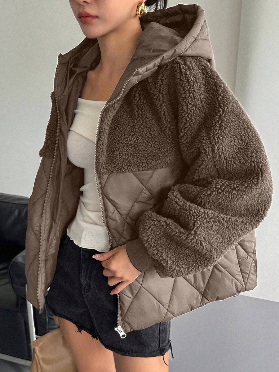 DAZY Women's Patchwork Houndstooth Short Lamb Wool Padded Coat, Autumn/Winter - Brown - View 1