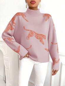 SHEIN Clasi Áo len cổ đứng họa tiết động vật thường ngày dành cho nữ, Thu/Đông - Hồng - Xem 3