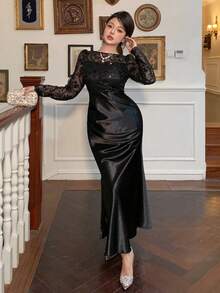 DAZY 女士优雅亮片网纱拼接长款派对连衣裙 - 黑色 - 查看 7