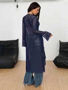 Coolane Áo khoác dài màu xanh đậm/Áo choàng dài phối dây lưới xếp nếp Gyaru cho lễ hội âm nhạc Hippie Renaissance Fair Rave mùa đông/mọi mùa dành cho nữ - Màu xanh lam - Xem 6