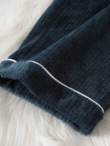 2pcs Teenage Boys' Plush Plush Deep Blue Casual Comfortable Lapel Collar Cardigan Long Sleeve Top And Pants Loungewear Set - Blue - View 8