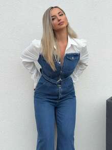 Jeta Ari 女士蓝色连体裤二合一套装 配有腰带 阔腿裤 春夏连体裤 - 中等水洗藍 - 查看 6