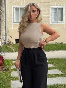 Jeta Ari Chaleco casual y versátil para mujer con cuello alto y pliegues