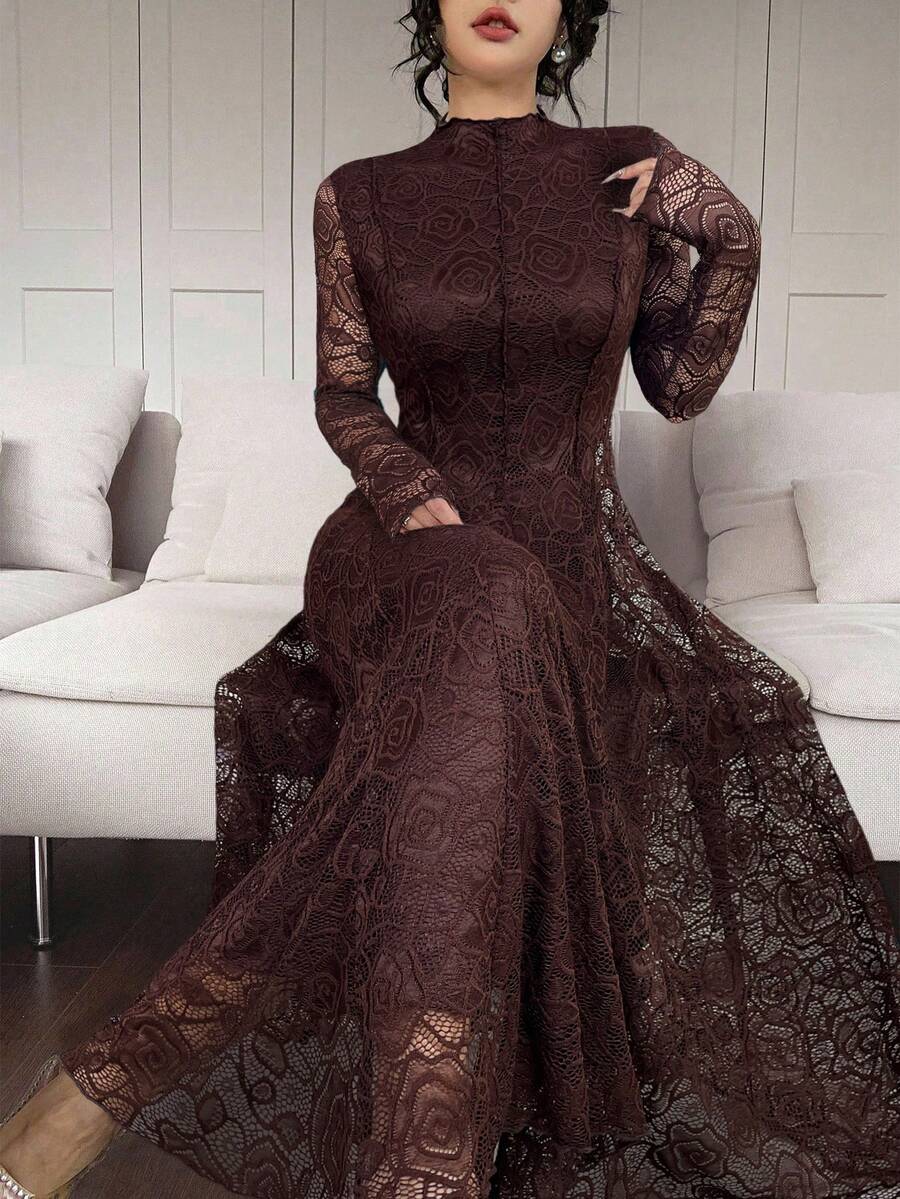 Feyla 优雅白色蕾丝连衣裙 - 咖啡棕 - 查看 1