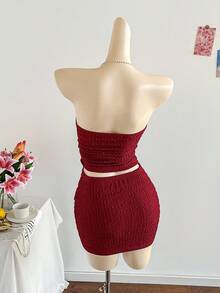 Soleia 2pcs Women's Summer Burgundy And Gold Knit Set,Seksi Chic Fitted Cropped Halter Top With Metal Heart Decor & Bodycon Mini Skirt,Club Night Party Set - Burgundy - View 2