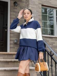 Melissa Matos Collared Striped Sport Jersey Sweatshirt Back To School Autumn Winter Cosy Fall Christmas Cute Everyday Capsule Wardrobe Y2K Streetwear Office Workwear Business Casual - Navy Blue - View 3