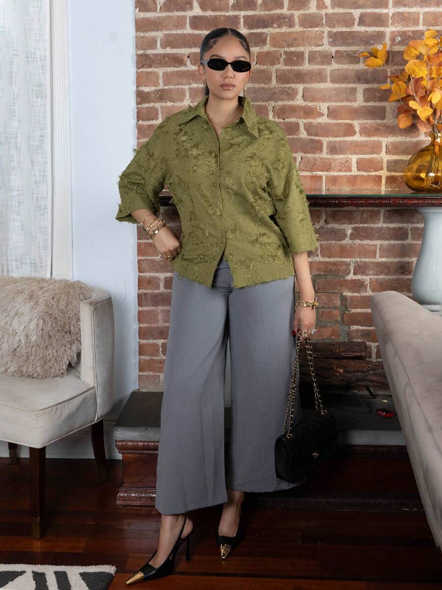 Olive Green 3/4 Sleeve Casual Shirt, Relaxed Fit, Classic Collar, Comfortable To Wear - Olive Green - View 1