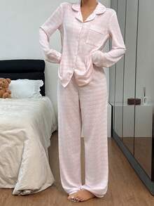 Dream Adore Striped Casual Long Sleeve & Pants Pajama Set, Autumn/Winter - Pink - View 3