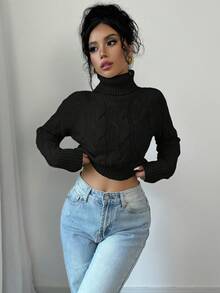 Elenzga 短款纯色高领休闲百搭长袖套头毛衣 - 黑色 - 查看 1