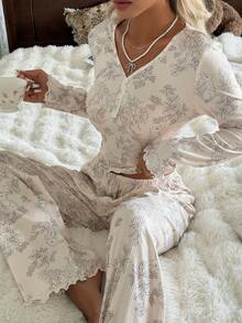 CottageSlumber Women's V-Neck Button Floral Print Knit Long Sleeve Pajama Set, Winter Clothes