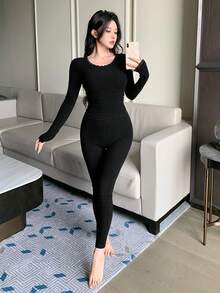 DAZY 女士修身两件套，撞色蕾丝边长袖上衣和裤子，冬季服装，黑色睡衣