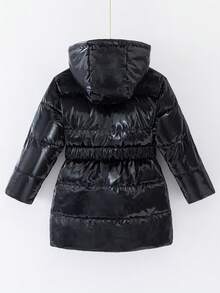 SHEIN Abrigo acolchado con capucha, cintura ceñida y forro brillante para niña joven - Negro - Ver 2