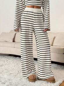 SHEIN PETITE Pantalones holgados de cintura elástica a rayas, suéter de invierno, adecuado para otoño e invierno y cómodo casual versátil - Blanco y Negro - Ver 4